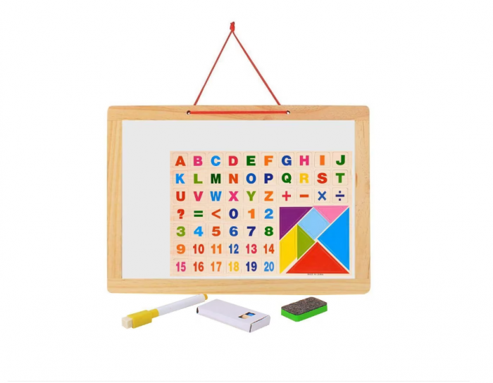 Tabla 2 in 1, din lemn, contine litere si cifre magnetice, marker, creta si burete de sters, agatatoare, natur, 43x33 cm [4]