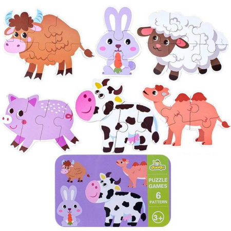 Jucarii bebe - Baby puzzle 6 in 1, cutie de metal, model Animale domestice