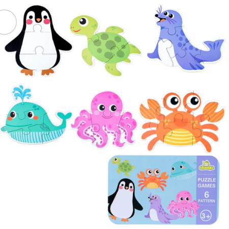 Jucarii bebe - Baby puzzle 6 in 1, cutie de metal, model Animale marine