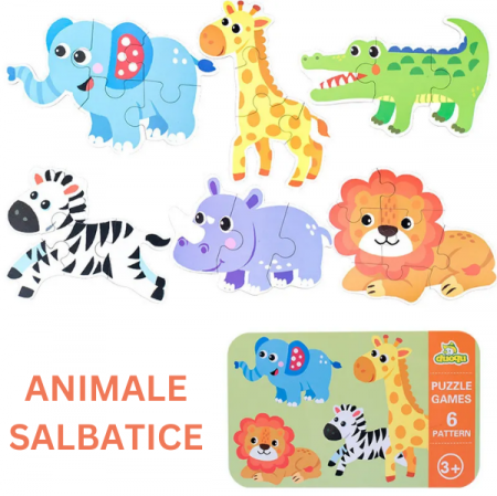 Jucarii bebe - Baby puzzle 6 in 1, cutie de metal, model Animale salbatice