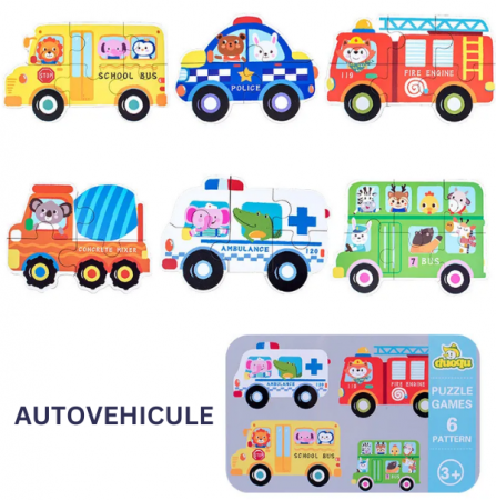 Jucarii bebe - Baby puzzle 6 in 1, cutie de metal, model Autovehicule
