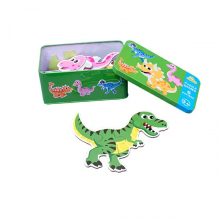 Jucarii bebe - Baby puzzle 6 in 1, cutie de metal, model Dinozauri