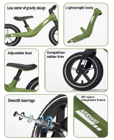 Bicicleta de echilibru fara pedale Ælements®, din fibra de carbon, ghidon rotativ 360, Manere silicon anti-alunecare, Scaun reglabil pe inaltime, Roti din cauciuc de 12 inch, 2-5 ani, Verde [3]