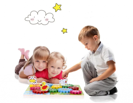 Joc puzzle 3D, Animale pe roti zimtate, stil Montessori, din lemn, 30x22.5cm [4]