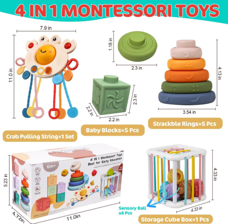 Jucarie educativa Montessori Ælements®, set 4 in 1, interactiva, pentru bebelusi si copii, de la 6 luni, pentru dezvoltare senzoriala, dentitie, din silicon non-toxic, fara BPA, Multicolor [3]