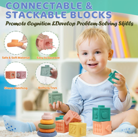 Jucarie educativa Montessori Ælements®, set 4 in 1, interactiva, pentru bebelusi si copii, de la 6 luni, pentru dezvoltare senzoriala, dentitie, din silicon non-toxic, fara BPA, Multicolor [1]