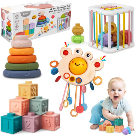 Jucarii - Jucarie educativa Montessori Ælements®, set 4 in 1, interactiva, pentru bebelusi si copii, de la 6 luni, pentru dezvoltare senzoriala, dentitie, din silicon non-toxic, fara BPA, Multicolor