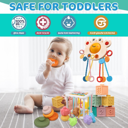 Jucarie educativa Montessori Ælements®, set 4 in 1, interactiva, pentru bebelusi si copii, de la 6 luni, pentru dezvoltare senzoriala, dentitie, din silicon non-toxic, fara BPA, Multicolor [4]