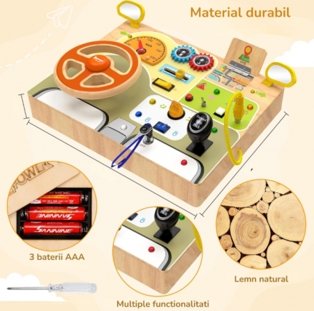 Placa busy board Montessori, din lemn, Cu Volan, Schimbator, Butoane Senzoriale, Alfabet Multicolor Pe Spate, 30 x 22cm [7]