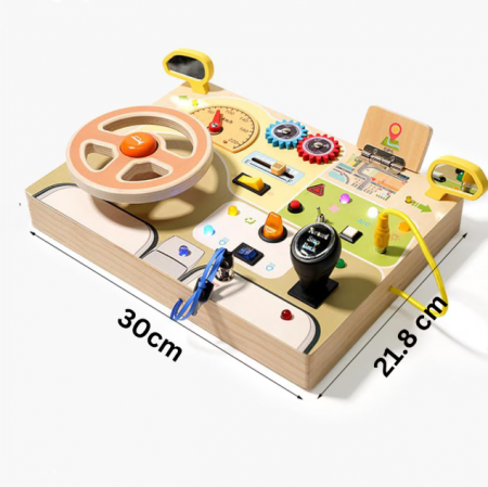 Placa busy board Montessori, din lemn, Cu Volan, Schimbator, Butoane Senzoriale, Alfabet Multicolor Pe Spate, 30 x 22cm [2]