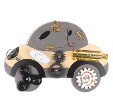 Jucarii educative - Placa senzoriala busy board, model MASINA, din lemn, stil Montessori, 30x21 cm