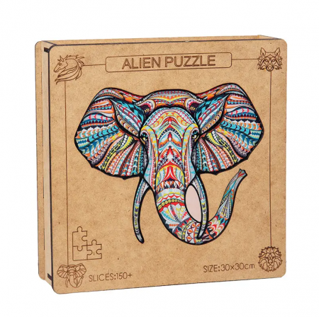 Puzzle din lemn - Puzzle din lemn, 150 piese in forma de animale, Model ELEFANT, 30x30, cutie lemn, +6 ani