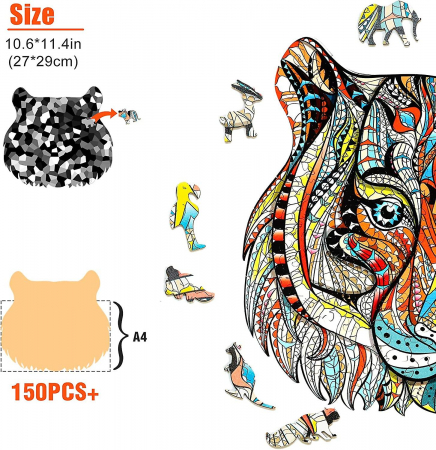 Puzzle din lemn, 150 piese in forma de animale, Model TIGRU, 30x30, cutie lemn, +6 ani [4]