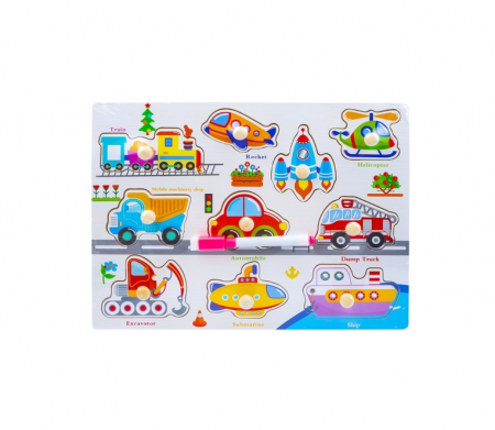 Jucarii educative - Puzzle educativ 2 in 1, Incastru cu maner si tablita de desen, carioca inclusa, din lemn, model Trafic, 10 piese, 30x22 cm