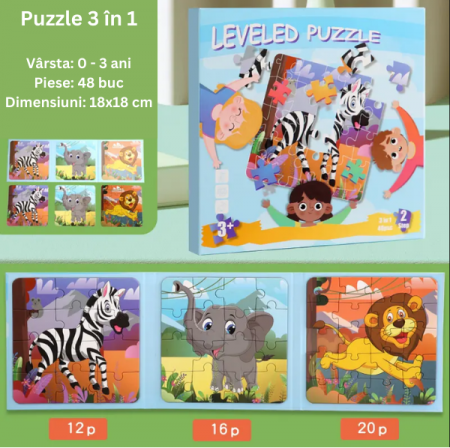 Puzzle magnetic 3 in 1, sub forma de carte, cu 3 nivele de dificultate, model animale salbatice, 12-16-20 piese, +3ani [1]