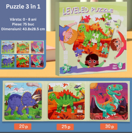 Puzzle magnetic 3 in 1, sub forma de carte, cu 3 nivele de dificultate, model dinozauri, 20-25-30 piese, +3ani [1]