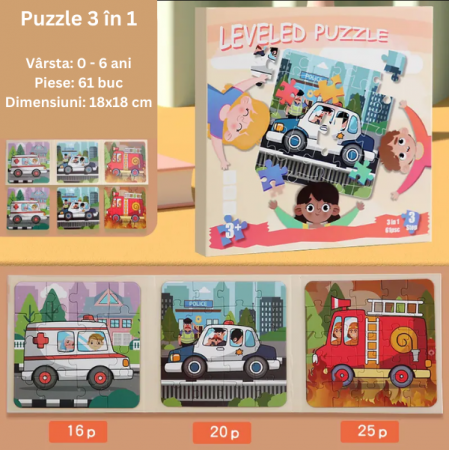 Puzzle magnetic 3 in 1, sub forma de carte, cu 3 nivele de dificultate, model masini, 16-20-25 piese, +3ani [1]