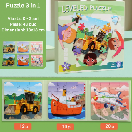 Puzzle magnetic 3 in 1, sub forma de carte, cu 3 nivele de dificultate, model traffic, 12-16-20 piese, +3ani [1]