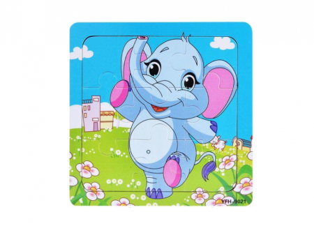 Puzzle pentru copii, 15x15 cm, model Elefant, 9 piese, din lemn, +2ani