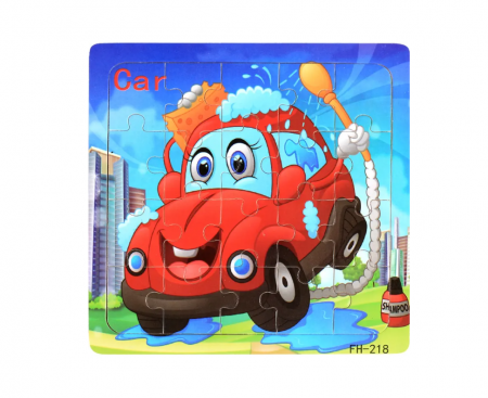 Baby puzzle - Puzzle pentru copii, 15x15 cm, model Masina, 20 piese, din lemn, +3ani