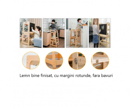 Scaun inaltator 3 in 1 cu tabla de scris, usor de transformat in masuta cu scaun, learning tower, din lemn, usor de curatat [2]
