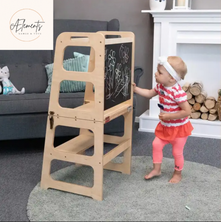 Scaun inaltator 3 in 1 cu tabla de scris, usor de transformat in masuta cu scaun, learning tower, din lemn, usor de curatat [1]