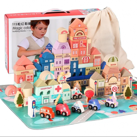 Seturi de constructie - Set 115 cuburi de constructie din lemn "Orasul Meu",  contine puzzle Harta Urbana de 55x42cm