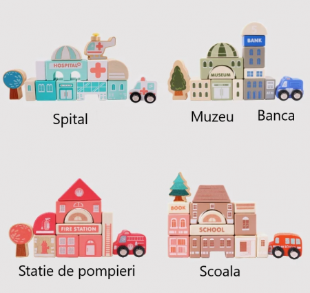 Set 115 cuburi de constructie din lemn "Orasul Meu",  contine puzzle Harta Urbana de 55x42cm [7]