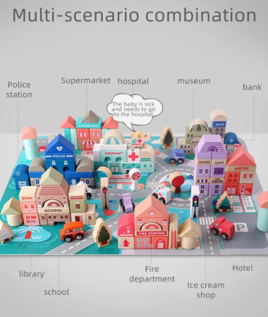 Set 115 cuburi de constructie din lemn "Orasul Meu",  contine puzzle Harta Urbana de 55x42cm [5]