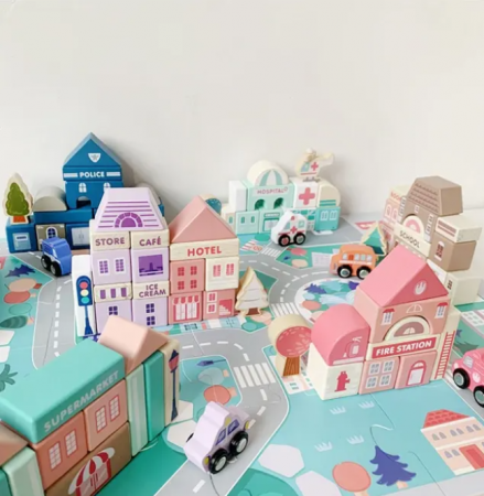Set 115 cuburi de constructie din lemn "Orasul Meu",  contine puzzle Harta Urbana de 55x42cm [1]