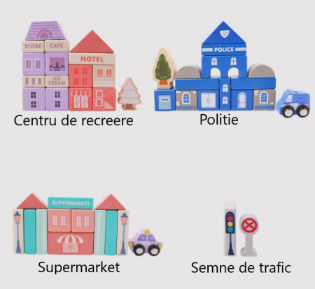 Set 115 cuburi de constructie din lemn "Orasul Meu",  contine puzzle Harta Urbana de 55x42cm [8]