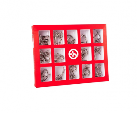 Puzzle metalic - Set cu 15 puzzle-uri 3D din metal, joc de inteligenta, nivele de dificultate diferite, din 2 piese, +6ani