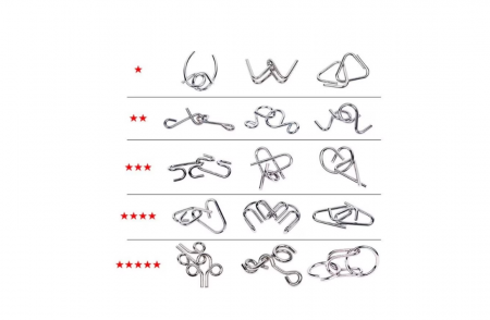 Set cu 15 puzzle-uri 3D din metal, joc de inteligenta, nivele de dificultate diferite, din 2 piese, +6ani [1]