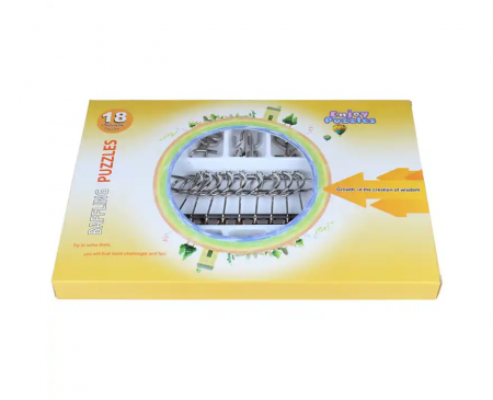 Puzzle metalic - Set cu 18 puzzle-uri 3D din metal, joc de inteligenta, nivele de dificultate diferite, +6ani
