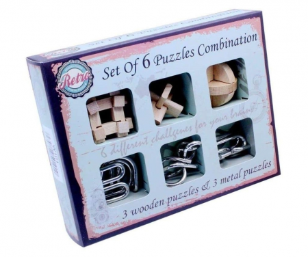Puzzle metalic - Set cu 6 puzzle-uri 3D din lemn si metal, joc de inteligenta, +6ani