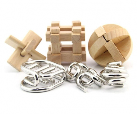 Set cu 6 puzzle-uri 3D din lemn si metal, joc de inteligenta, +6ani [1]