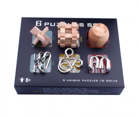 Set cu 6 puzzle-uri 3D din lemn si metal, joc de inteligenta, nivele de dificultate diferite, cutie neagra, +8ani [1]