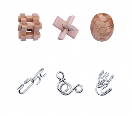 Set cu 6 puzzle-uri 3D din lemn si metal, joc de inteligenta, nivele de dificultate diferite, cutie neagra, +8ani [5]