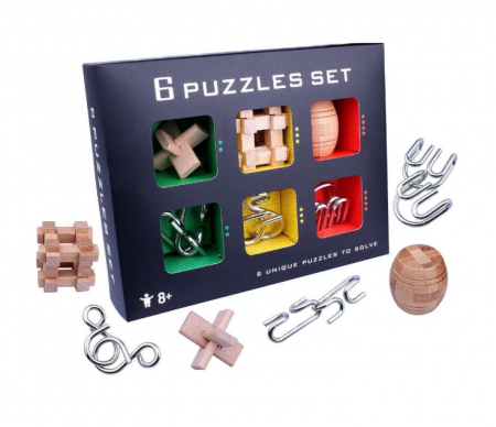 Puzzle metalic - Set cu 6 puzzle-uri 3D din lemn si metal, joc de inteligenta, nivele de dificultate diferite, cutie neagra, +8ani