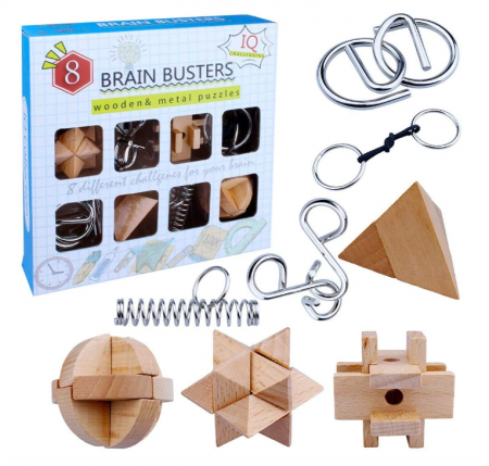 Puzzle metalic - Set cu 8 puzzle-uri 3D din lemn si metal, joc de inteligenta, +6ani