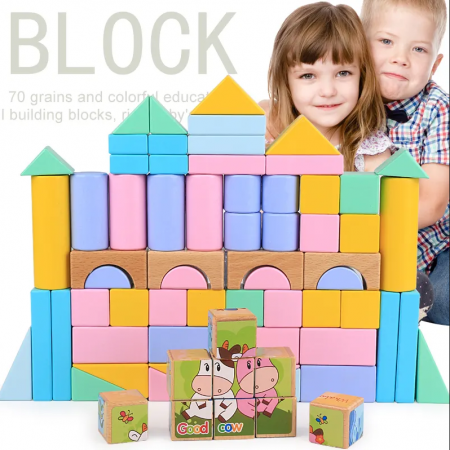Set cuburi de constructie din lemn, contine puzzle 6 in 1 din lemn, culori pastel, 70 piese [8]