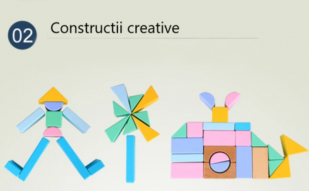Set cuburi de constructie din lemn, contine puzzle 6 in 1 din lemn, culori pastel, 70 piese [2]