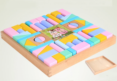 Seturi de constructie - Set cuburi de constructie din lemn, contine puzzle 6 in 1 din lemn, culori pastel, 70 piese