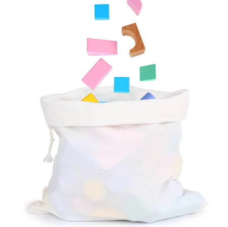 Set cuburi de constructie din lemn, contine puzzle 6 in 1 din lemn si saculet depozitare, culori pastel, 57 piese [1]