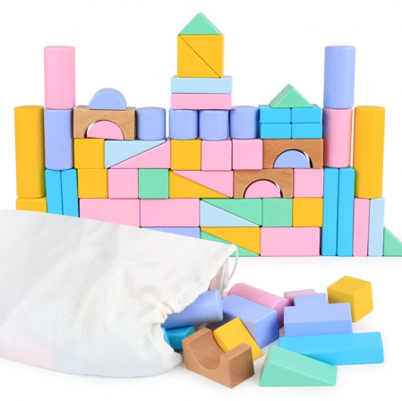Set cuburi de constructie din lemn, contine puzzle 6 in 1 din lemn si saculet depozitare, culori pastel, 57 piese