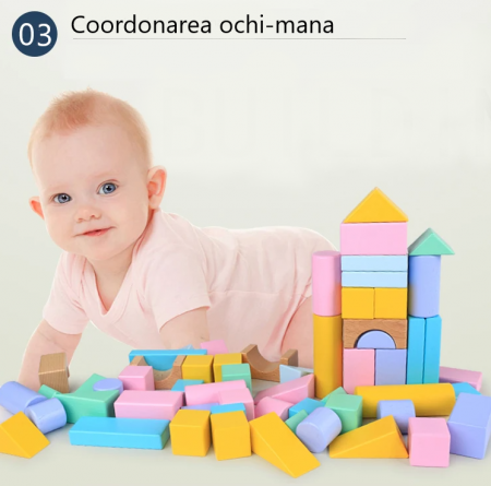 Set cuburi de constructie din lemn, contine puzzle 6 in 1 din lemn si saculet depozitare, culori pastel, 57 piese [4]