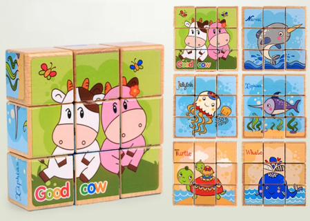 Set cuburi de constructie din lemn, contine puzzle 6 in 1 din lemn si saculet depozitare, culori pastel, 57 piese [3]