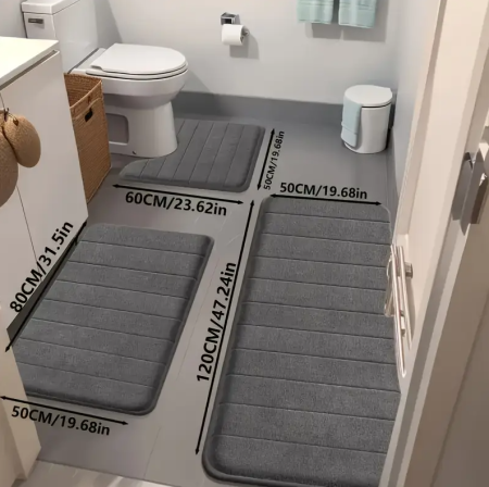 Casă - Set de covoare baie 3in1 Ælements, din spuma cu memorie, antiderapant, absoarbe apa, lavabil in masina de spalat, 60x50, 80x50, 120x50, Gri Inchis