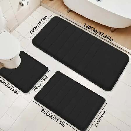 Casă - Set de covoare baie 3in1 Ælements, din spuma cu memorie, antiderapant, absoarbe apa, lavabil in masina de spalat, 60x50, 80x50, 120x50, Negru
