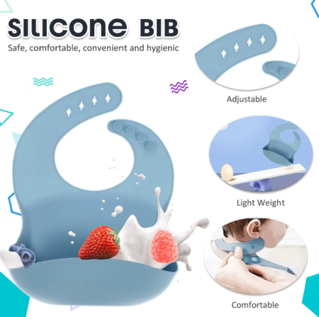 Set de hranire bebelusi 6 in 1 Ælements, din silicon fara BPA, contine Bol, Baveta Reglabila, Cana cu capac si pai, Farfurie, Lingura si Furculita, Albastru [3]